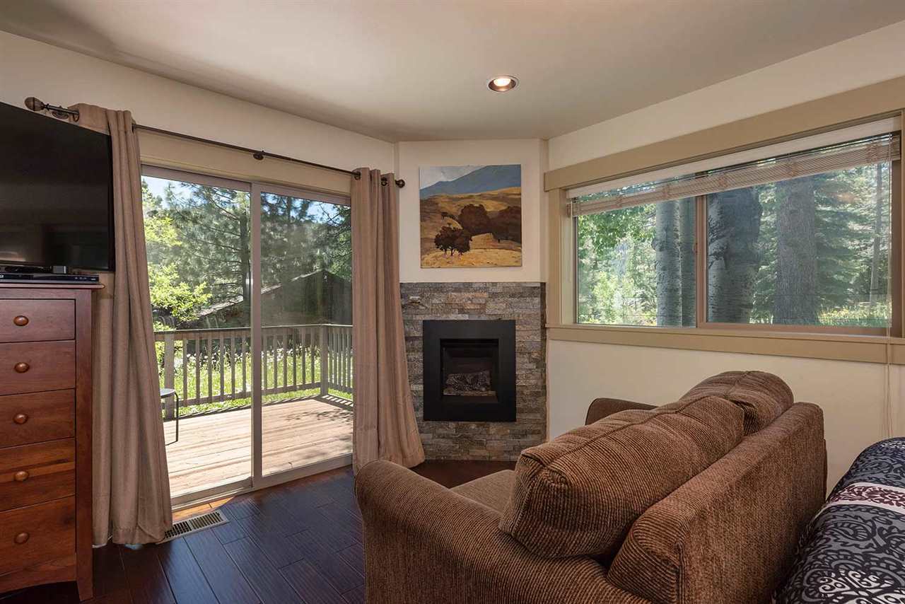 Gas fireplace in the studio bedroom — romantic Tahoe getaway for couples